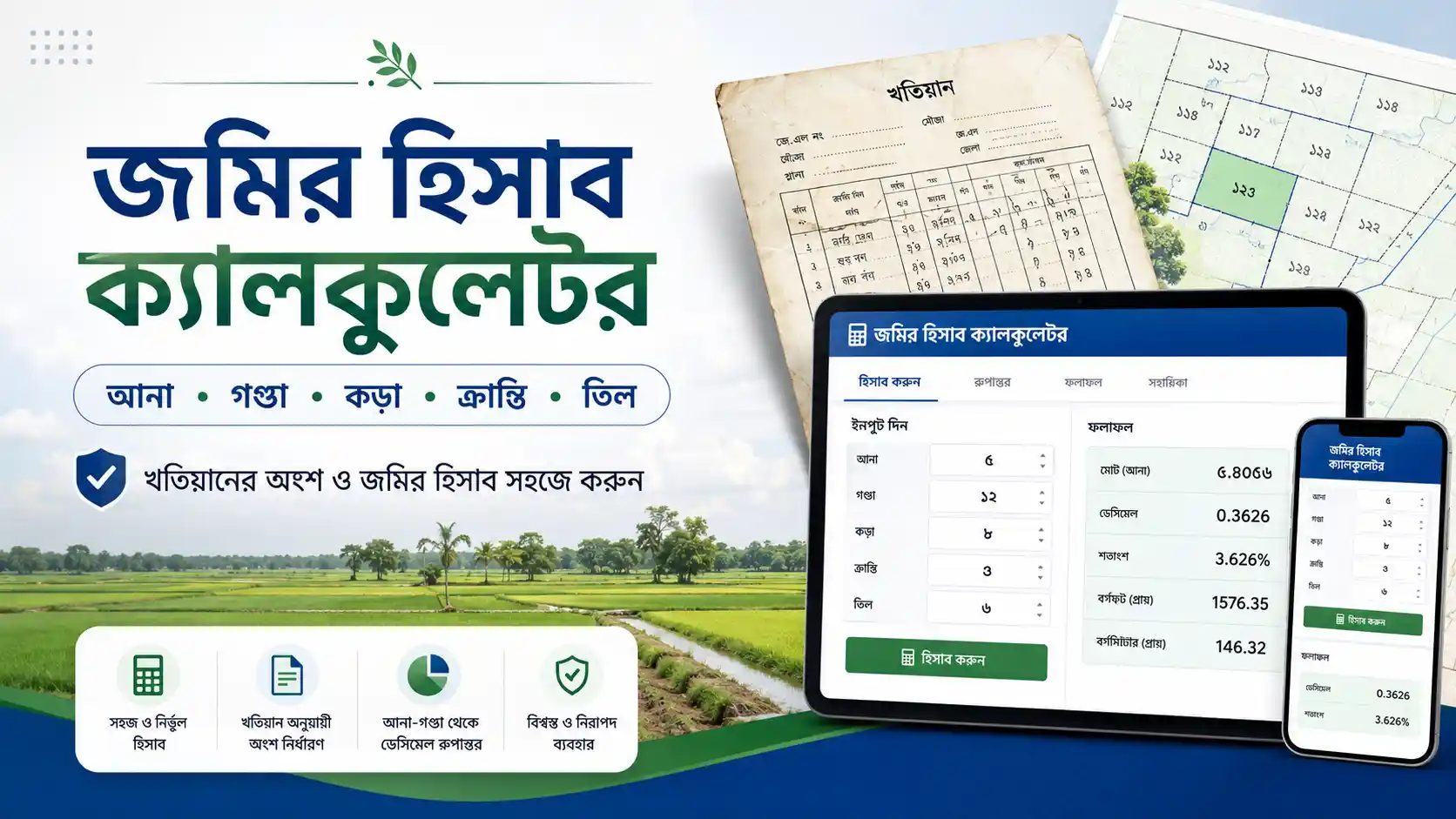 জমির হিসাব ক্যালকুলেটর আনা, গণ্ডা, কড়া, ক্রান্তি ও তিল
